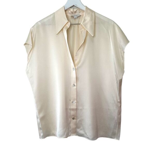 Vince Silk Cap Sleeve Ruched Back Button Down Blouse Cream Size Large - Picture 1 of 9